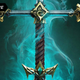 Part of a jeweled sword against a swirl of blue-green smoke.